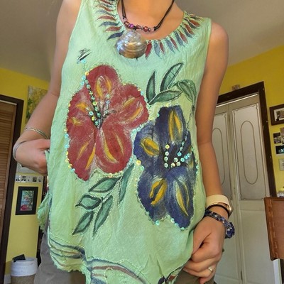 Green Boho Floral Hawaiian Embroidered Flowy Shirt Free Size New With Tags