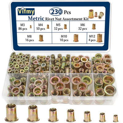 Metric Rivet Nut Assortment Kit,230Pcs M3-M12 Rivnuts Zinc Plated
