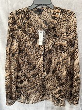 Leopard Print Ruffle Front Blouse Womens Small Long Sleeve Statement Top NWT