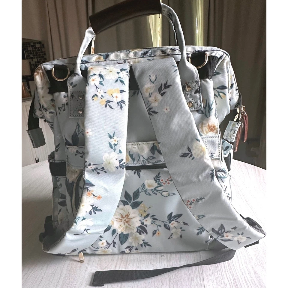LitBear Light Blue Floral Diaper Bag Multiple Compartments Full Zip Backpack NEW - Image 4 of 4