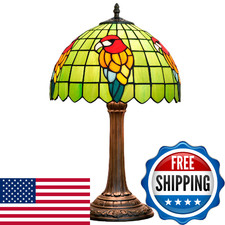 Nuoditos Tiffany Lamp Parrot Green Bedroom Table Lamp Stained Glass Reading