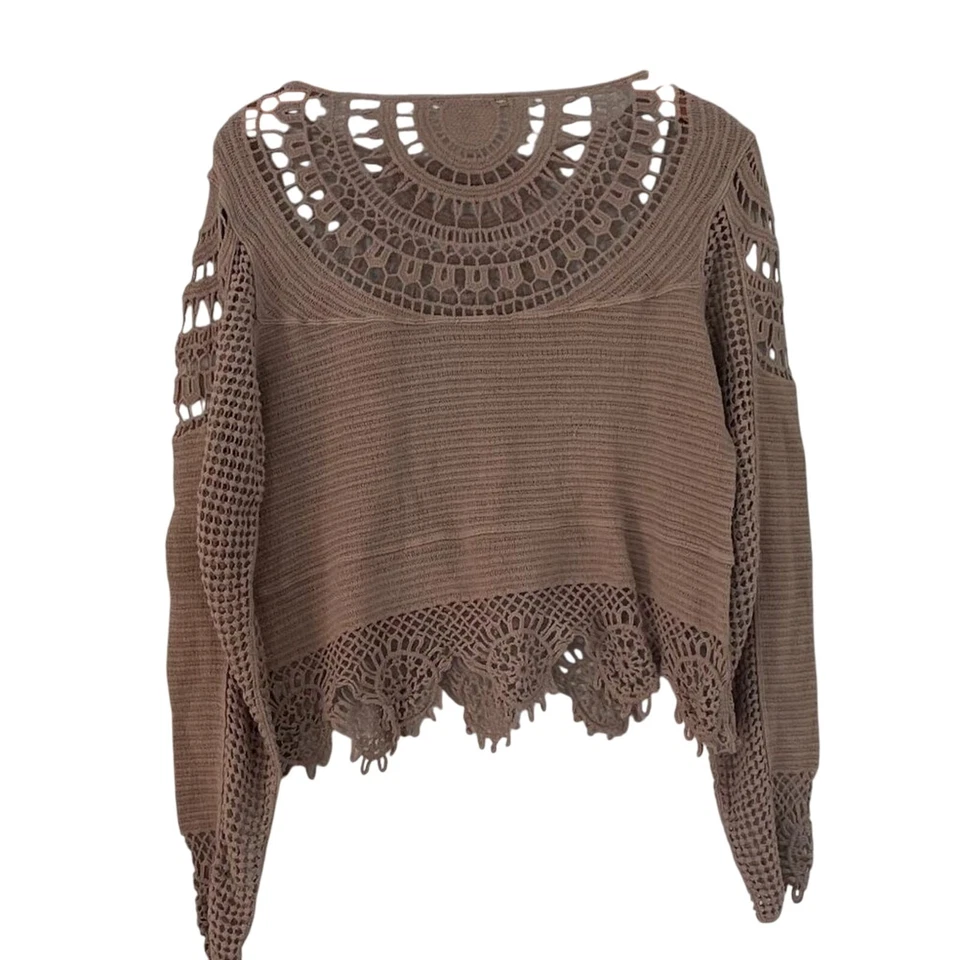 Cato Tan/Neutral Long Sleeve Boho Cotton Crochet Open Hollow Out Knit Sweater, L - Image 4 of 4