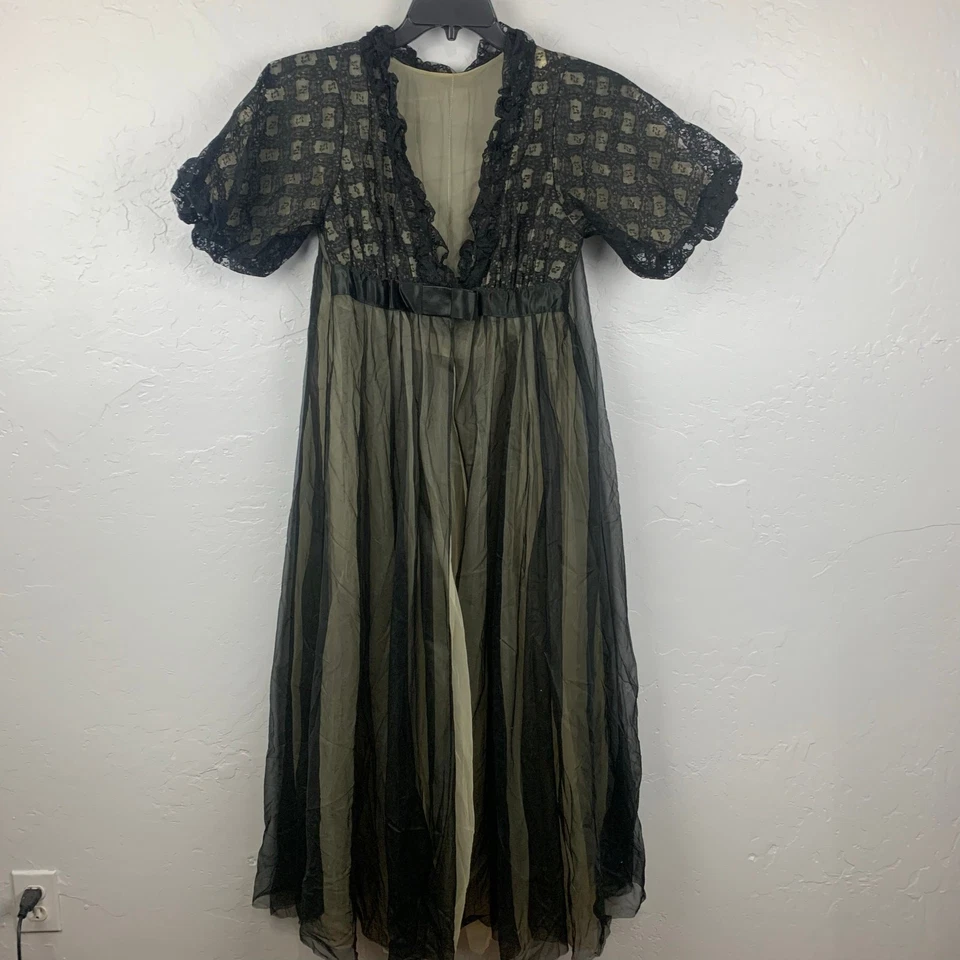 De Colección Años 60 Radcliffe Pegnoir Conjunto Mujer Grande Negro Encaje Vestido Bata Encaje Forrado  Foto 3 de 4