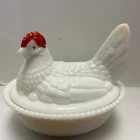 Vintage Westmoreland White Milk Glass Hen On Nest With Red Comb Candy Dish 5.5"