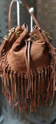 ISADORA ,Italy Brown Suede&Leather Fringe Bucket bag w/Detachable Strap