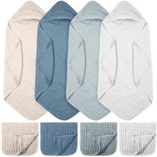 8 Pcs Baby Muslin Hooded Bath Towels and Washcloths, 32 x 32 Inch Muslin Cott...