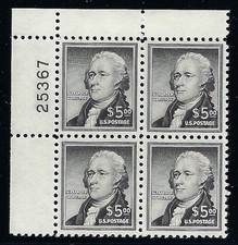 U.S., 1954, Scott #1053, $5.00 Hamilton, Plate Block, Mint, Never Hinged