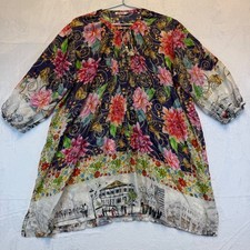 Johnny Was Silk Butterfly Cityscape Tunic Blouse XL Boho Embroidered Split Neck