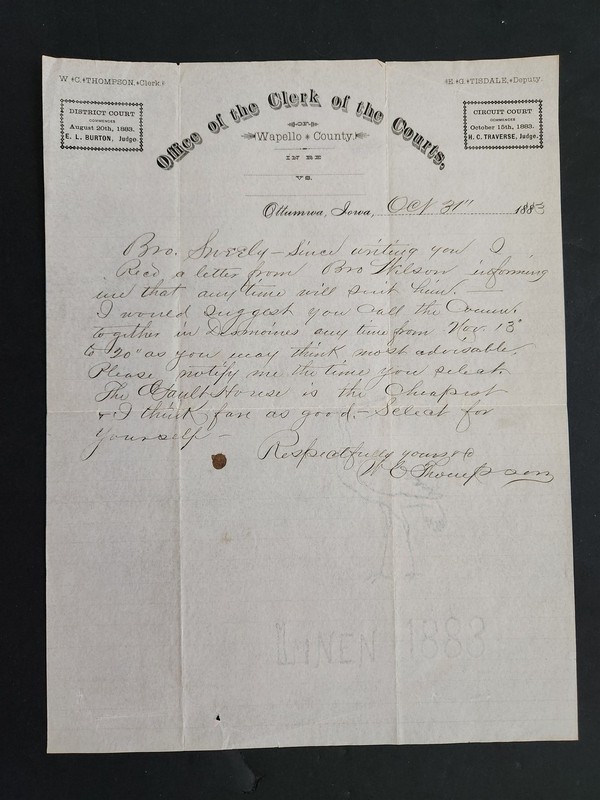 1883 antique OFFICE of CLERK of COURTS ottumwa ia LETTERHEAD clerk THOMPSON