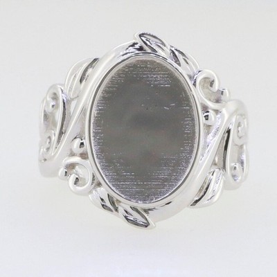 925 Sterling Silver Semi Mount Ring 21x17mm Oval Cabochon Art Nouveau Style