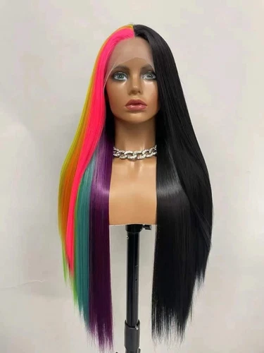 Half Black Half Rainbow Lace Front Wig 24 Inch Long Straight Synthetic Hair Wig - Picture 2 of 8
