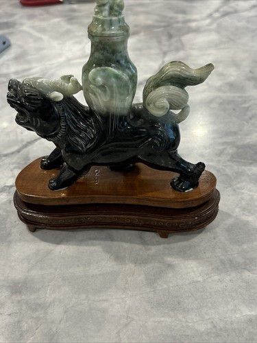 Antik/ Vintage ASIATISCHE Handschnitzerei Jade/ FOO HUND-LÖWE mit Ständer Holz mit Draht. - Bild 2 von 8