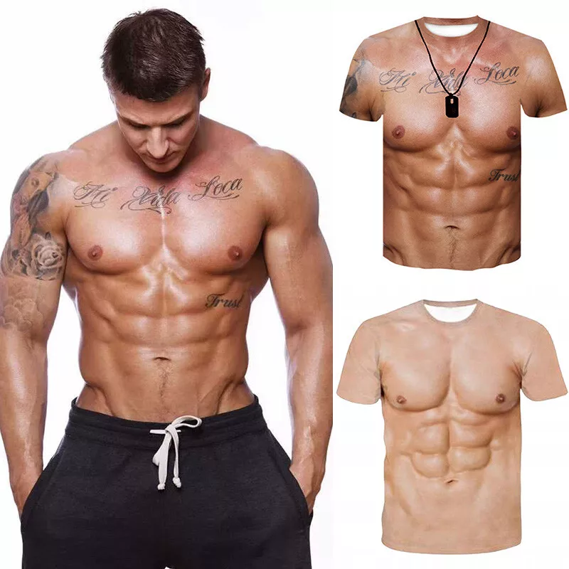 Funny Fake Six Pack Abs T-Shirt Big Muscle Chest