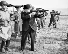 WINSTON CHURCHILL EISENHOWER FIRE THOMPSON SUBMACHINE GUNS - 8X10 PHOTO (AA-371)