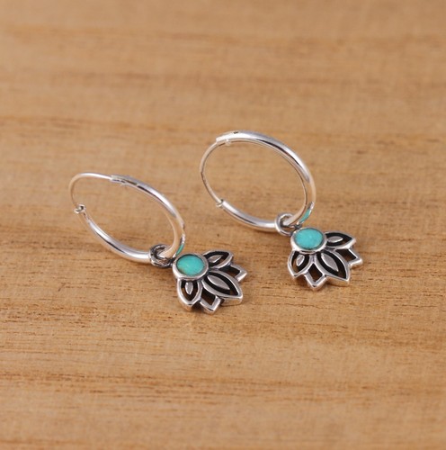 925 Sterling Silver Green Turquoise Lotus Flower 12mm Hoops Earrings Gift Boxed - Picture 3 of 6