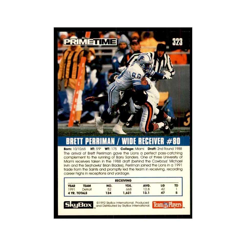 1992 SkyBox Primetime Brett Perriman Lions #323 - Image 2 of 3