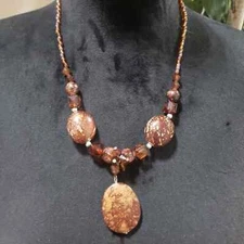 Women Fashion Brown Glass Stones Beaded Pendant Collar Necklace w/ Lobster Clasp