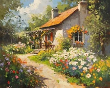 Cottage with a flower garden oil painting 8x10 Print