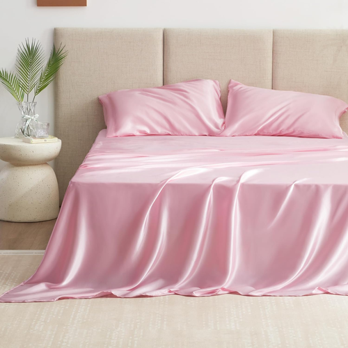 Satin Queen Sheets Set - 4 Piece Pink Silky Bed Sheets Set with Deep Pocket, Lux - Picture 2 of 12