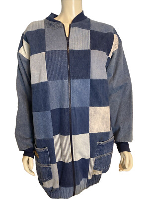 Artisan Made Hand Quilted Zip Front Patchwork Denim Jacket L