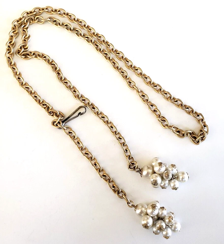 Cinturón con racimo de uva perla sintética cadena cable tono dorado vintage 37,5" gancho de resorte Foto 3 de 4