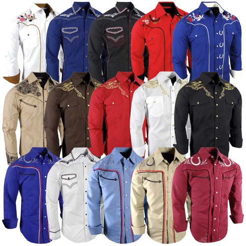 Western Shirt Embroidered Horseshoe Florals Mens Country Rodeo Snap Up Fashions