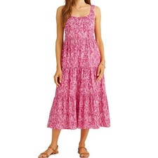 Banjanan Penelope Pink Floral Block Print Tiered Midi Dress XS Cotton Voile NWT