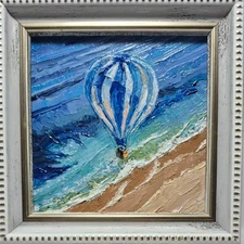 Original oil painting. Landscape with a hot air balloon. Impressionism. size 4x4