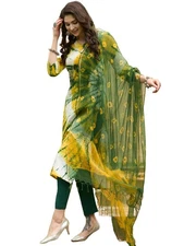 GoSriKi Women's Cotton Blend Straight Shibori Printed Kurta with Pant & Dupatta