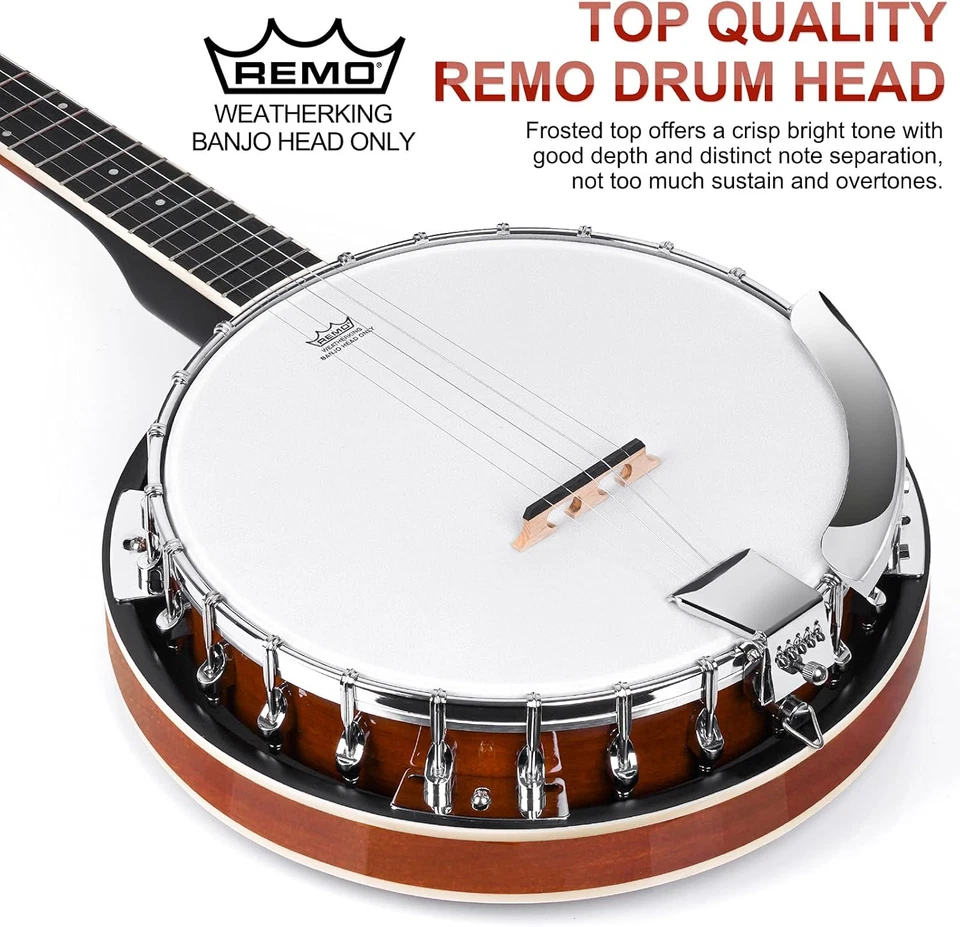 LEFT-HANDED Banjo 5 String Mahogany Open Back Banjo with Resonator, Remo - Image 3 of 4