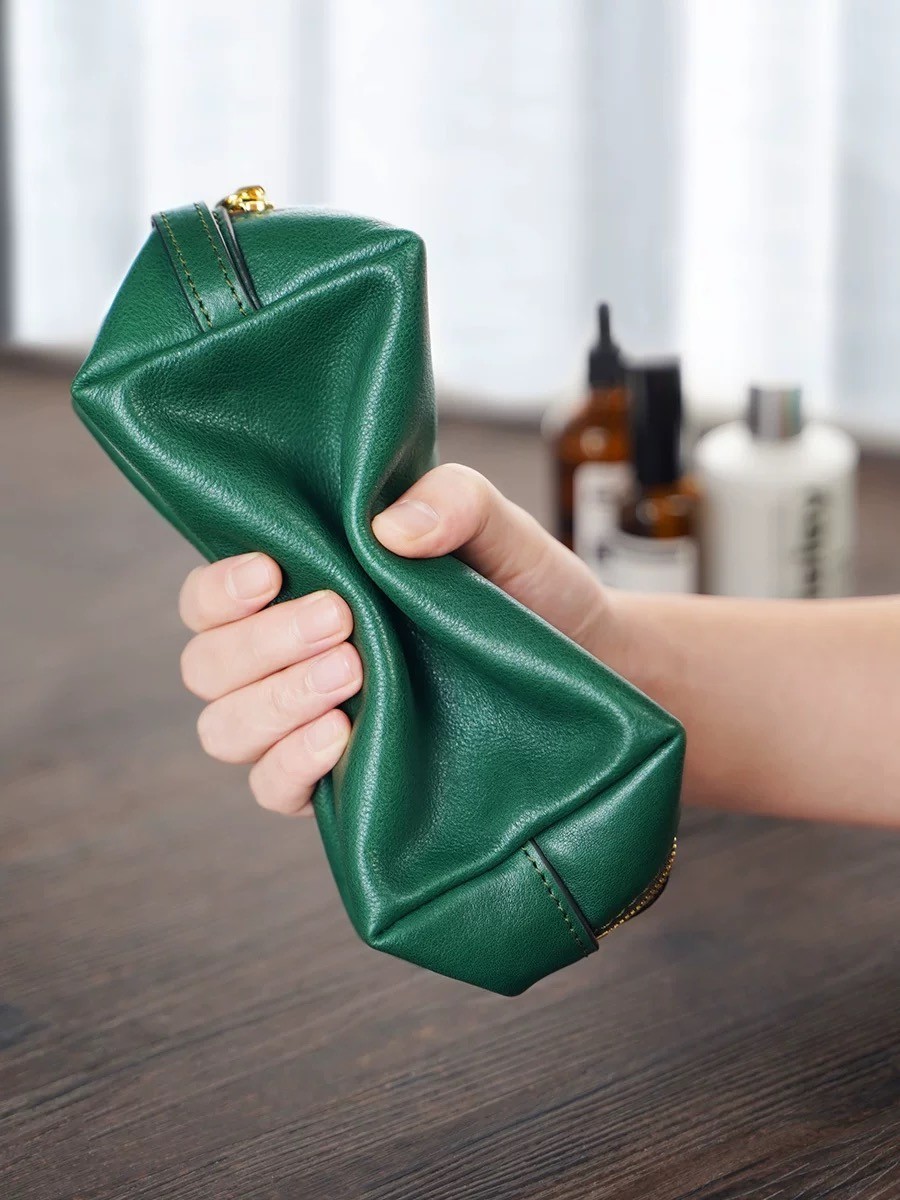 Green Leather Toiletry Bag | Vintage Style Travel Makeup Bag | Retro Organizer