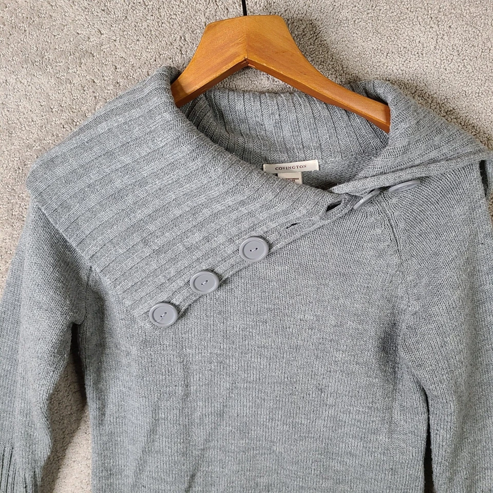 Suéter Covington Mujer M Gris Cuello Botón Tejido Acanalado Manga Larga Pullover Foto 2 de 4