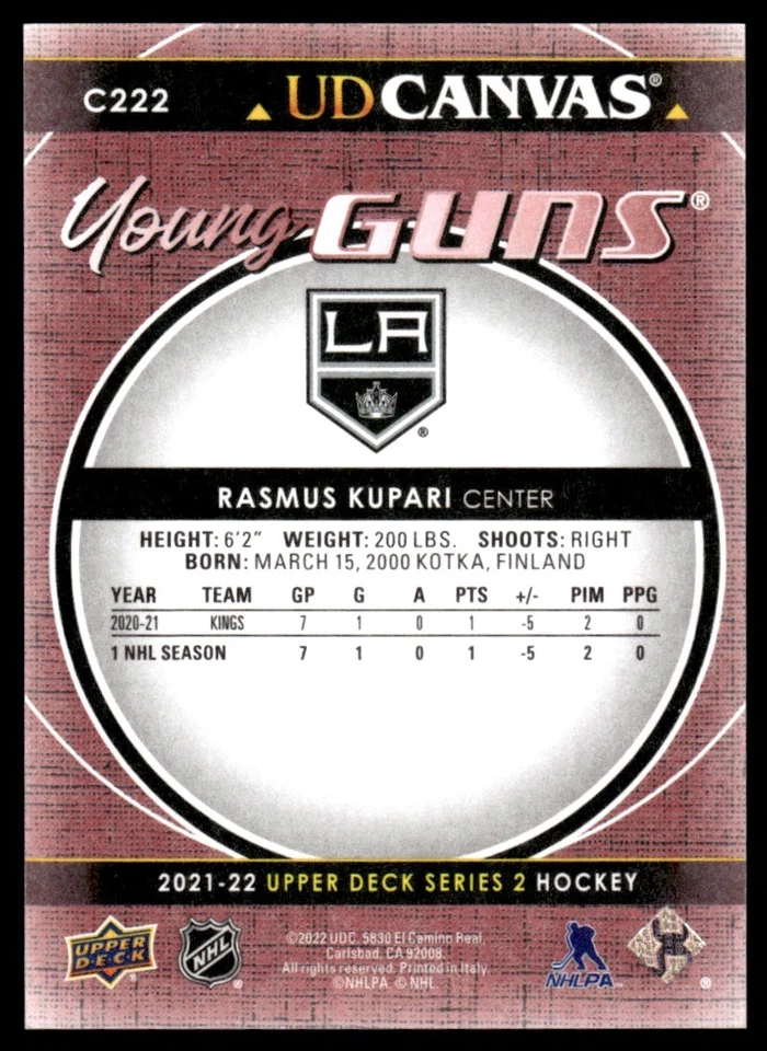 RASMUS KUPARI RC 2021-22 UPPER DECK UD CANVAS YOUNG GUNS #C222 PARALLEL LOS - Image 2 of 2