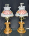 Vtg! Pair of Hurricane Lamps Handpainted Rose Milk Glass Shade-Wood/Brass Base
