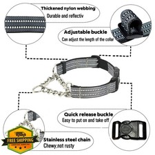 Martingale Dog Collar M Gray Reflective Nylon Stainless Steel Chain