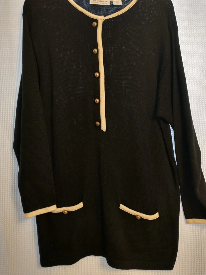 Mini Vestido Suéter Vintage Años 90 Liz Claiborne Clásico NEGRO Y DORADO Talla Pequeña Mediana Foto 3 de 4