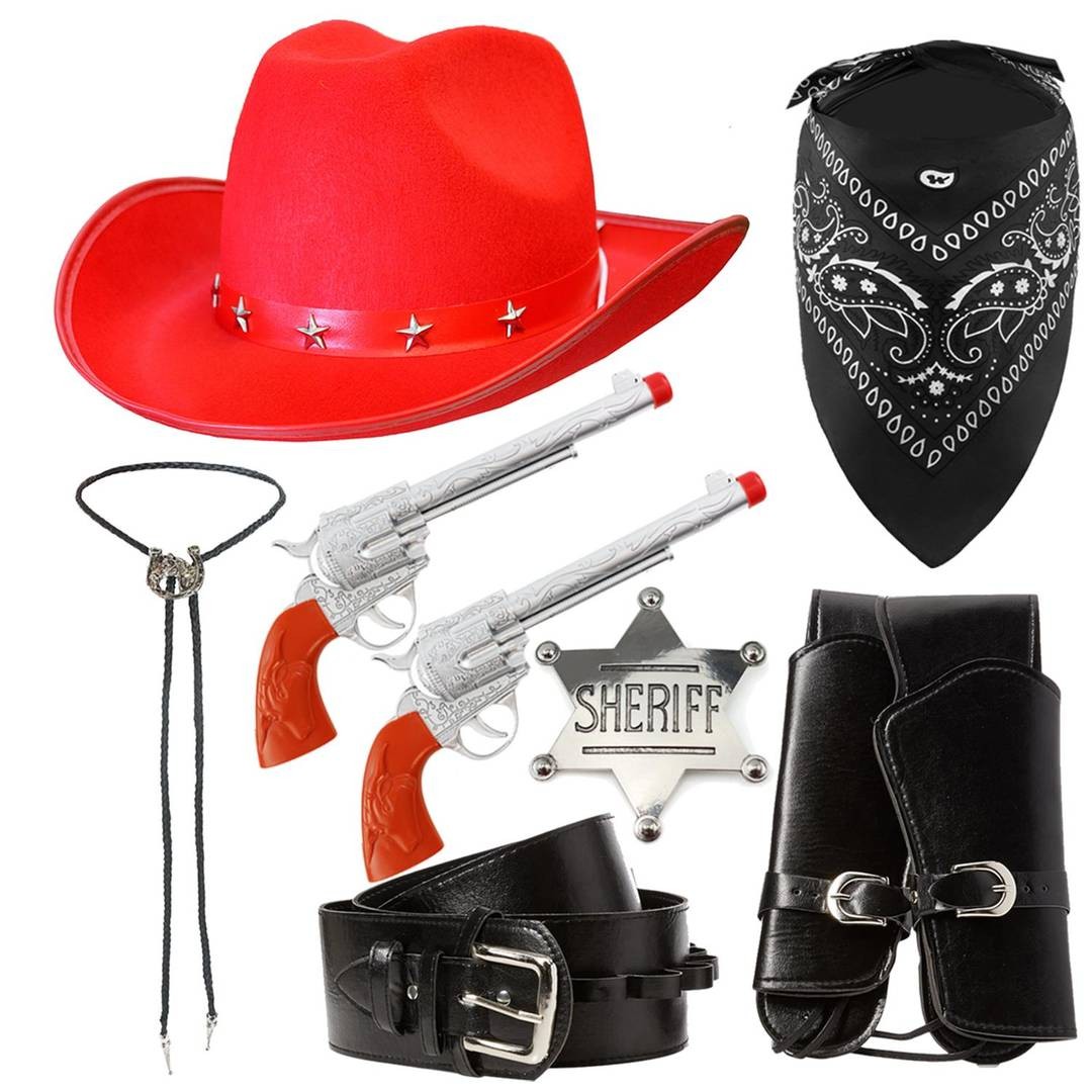 Conjunto de accesorios de disfraz de vaquero rojo para adultos Wild West Sheriff vestido elegante