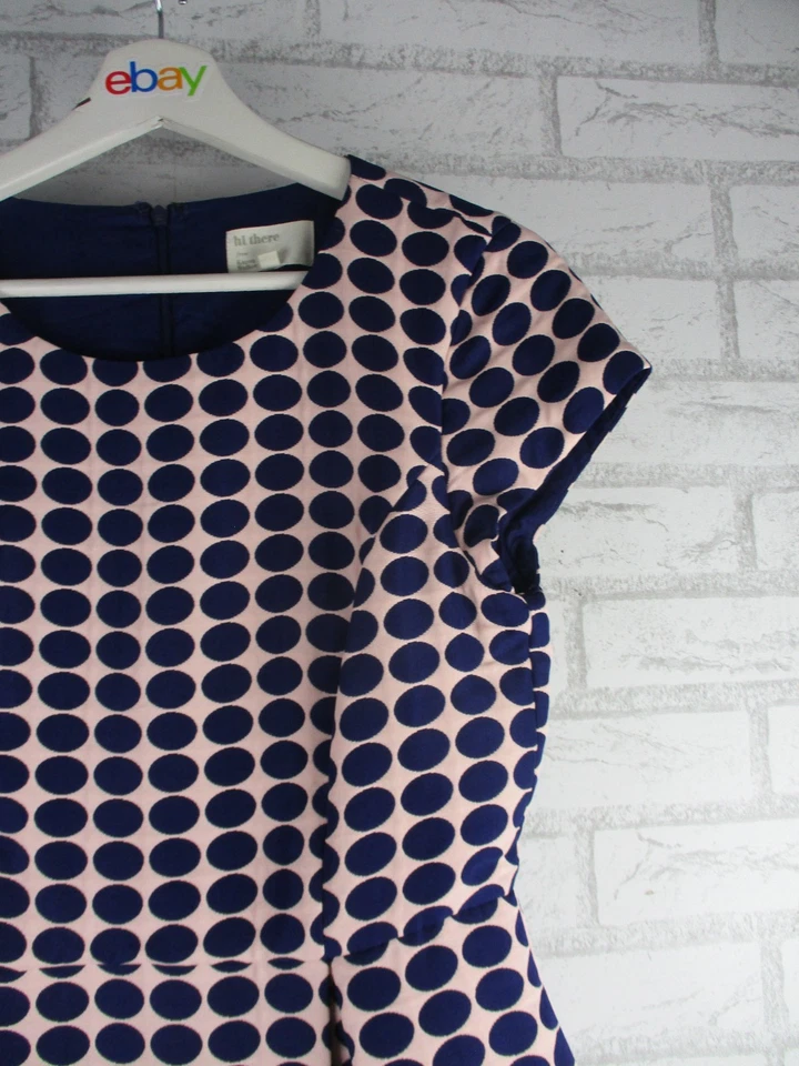 Hi there from Karen Walker womens fit & flare dress blue pink polka dot print 8 - image 2 of 4
