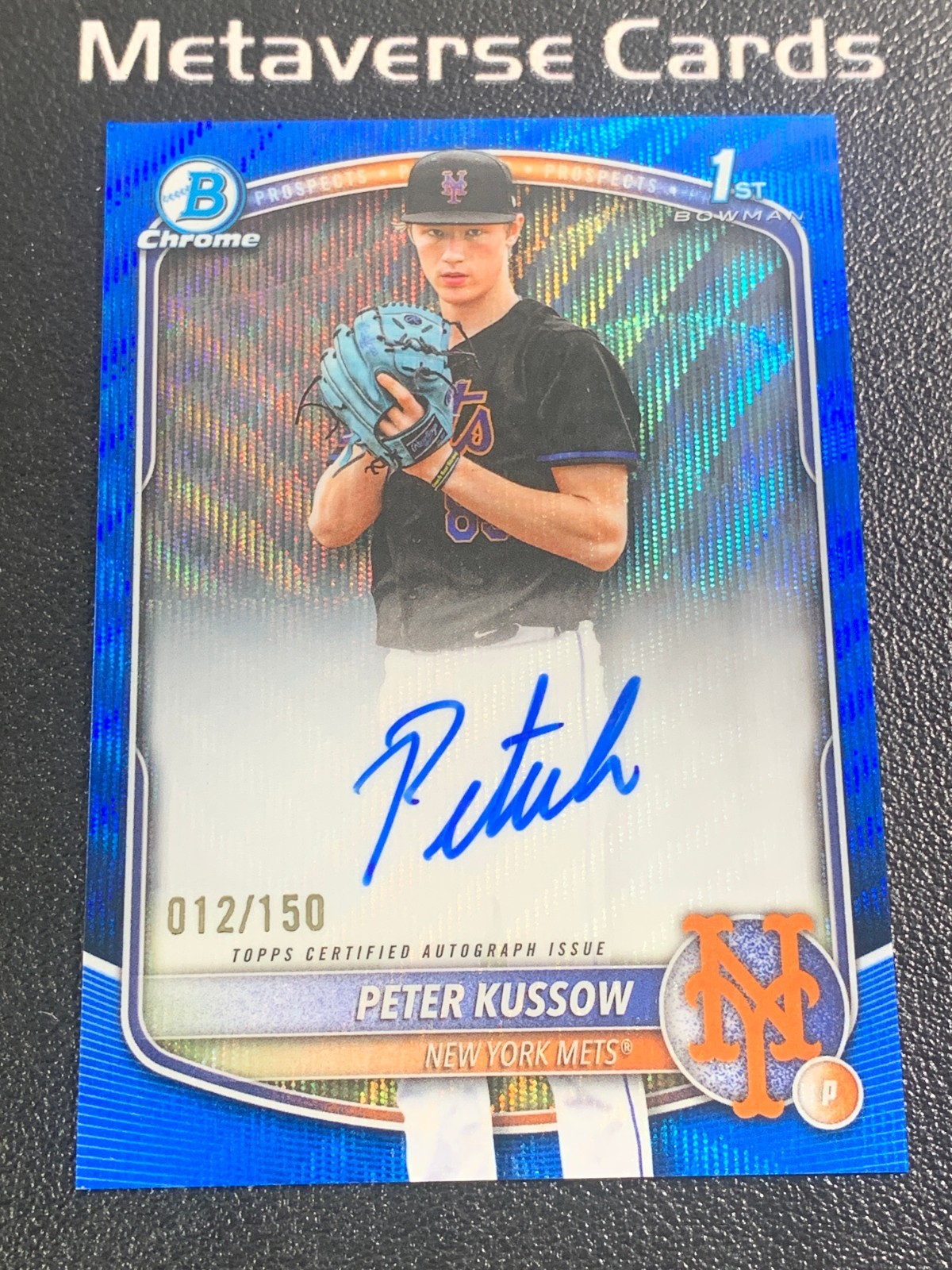 2025 Topps Bowman Draft Chrome Peter Kussow 1st Prospects Auto Blue Wave 012/150