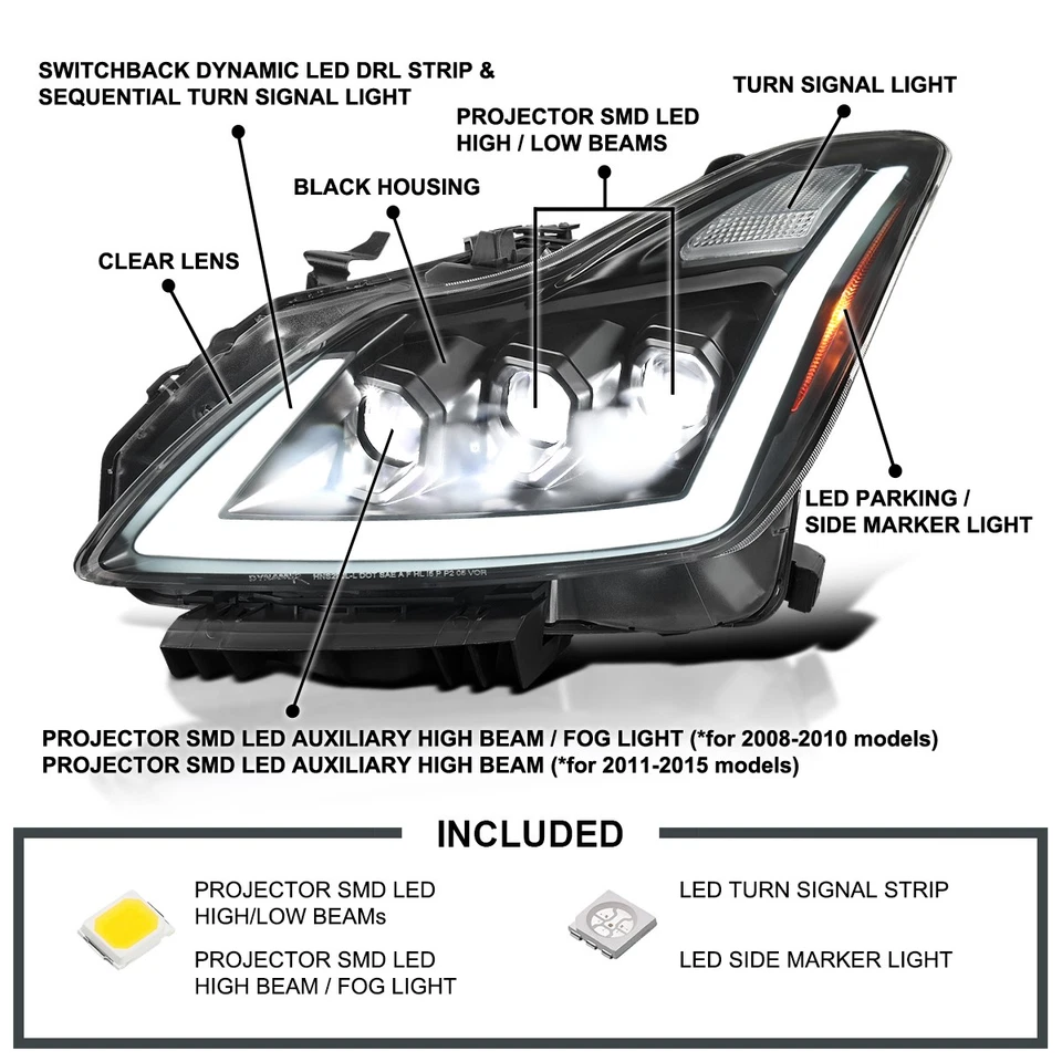 Full Triple LED Projector Headlights Fits 2008-2015 Infiniti G37/Q60 Coupe Foto 3 de 4