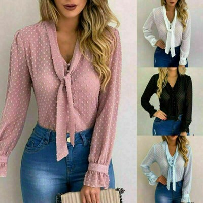 Blouse V Neck Lace Chiffon Tops Long Sleeve T-Shirt Womens Ladies Plus Size Hot