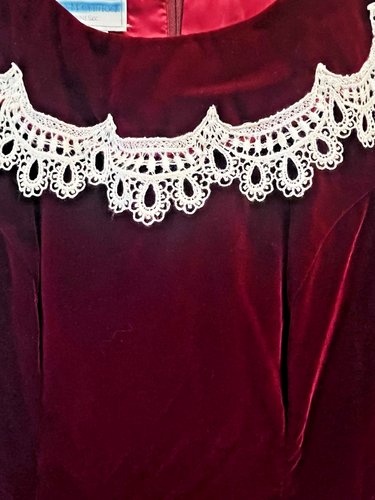 Jessica McClintock Gunne Sax Ruby Red Velvet Victorian Dress w Lace Neck Trim - Picture 3 of 12