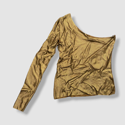 $1490 Tom Ford Women's Brown Glossy Metallic One-Shoulder Top Size XS