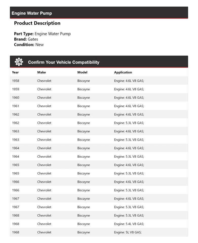 Ворота водяного насоса двигателя Chevrolet Biscayne 1958-1968 годов выпуска 1959 1960 1961 1962 годов выпуска - Изображение 2 из 4