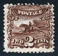 US Sc 113 Dark Brown 2¢ 1869 G. Grill Original Gum Hinge Remnant