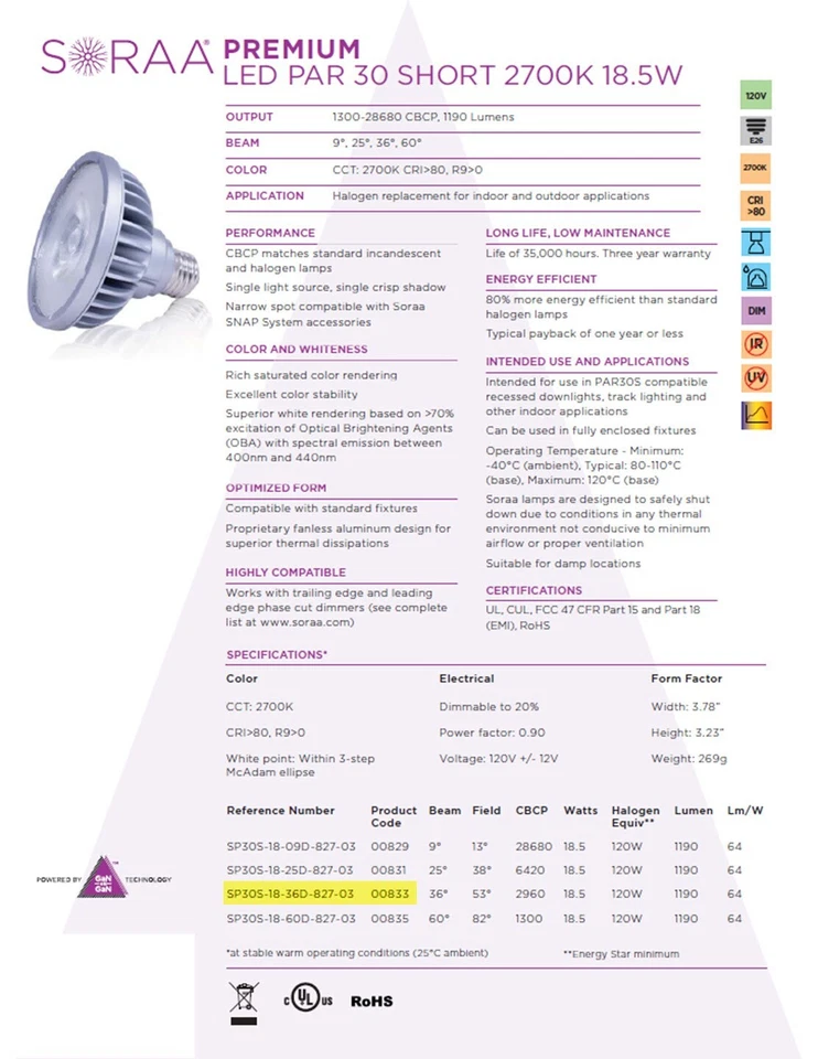 Soraa Brilliant SP30S-18-36D-827-03 18.5W LED PAR30S 2700K 80CRI 36 Degree Flood - Image 3 of 4
