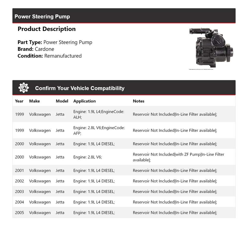 For 1999-2005 Volkswagen Jetta Power Steering Pump Cardone 2000 2001 2002 2003 - Image 2 of 4