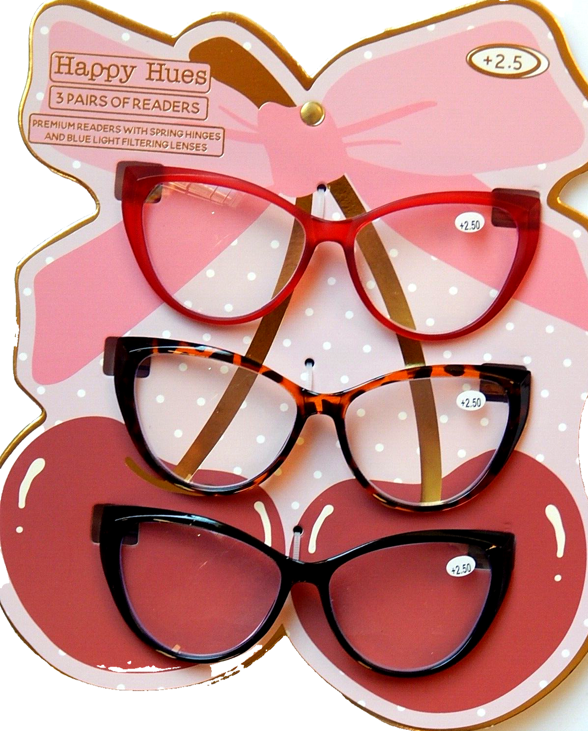 Happy Hues 3-Pack Premium Reading Glasses with Blue Light Protection +2.50 Strength