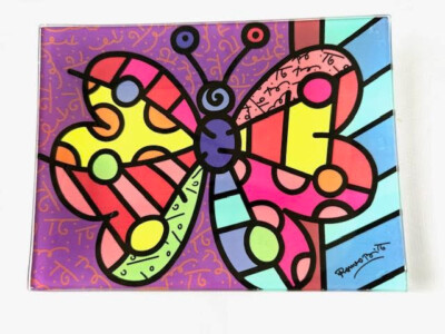   ROMERO BRITTO   RECTANGULAR GLASS PLATE: BUTTERFLY   ** NEW **