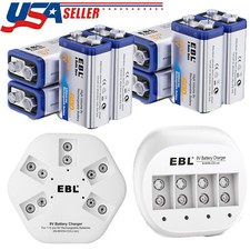 EBL 600mAh 9V Rechargeable Li-ion Batteries / 4 or 5 Bay 9V Battery Charger Lot